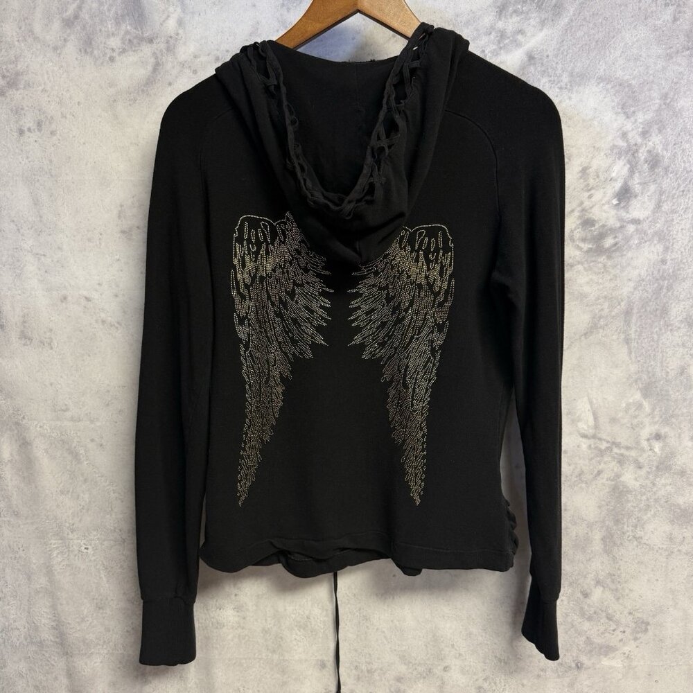 Vintage BEBE Womens Hoodie Large 19.5x22.5 Black Y2K Wings Grunge